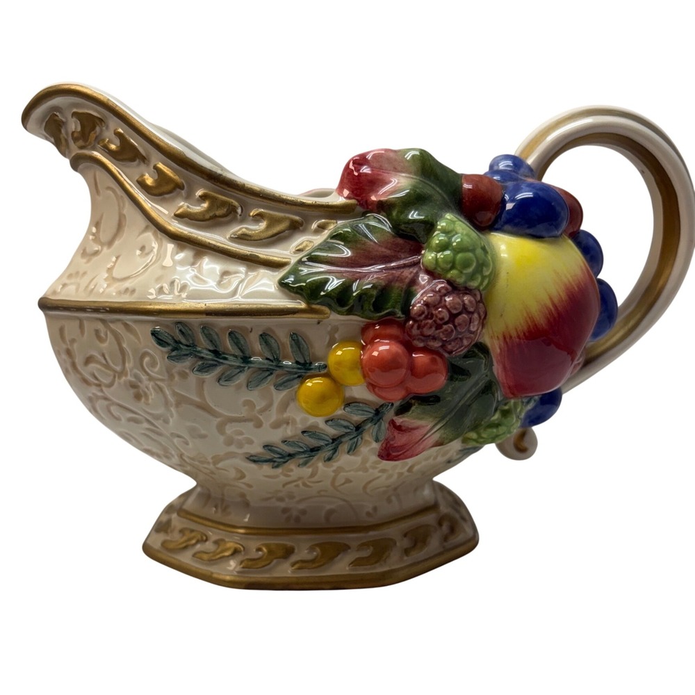 Fitz and Floyd Classics Fruit Harvest Gravy Boat Gold Trim Ceramic Handcrafted